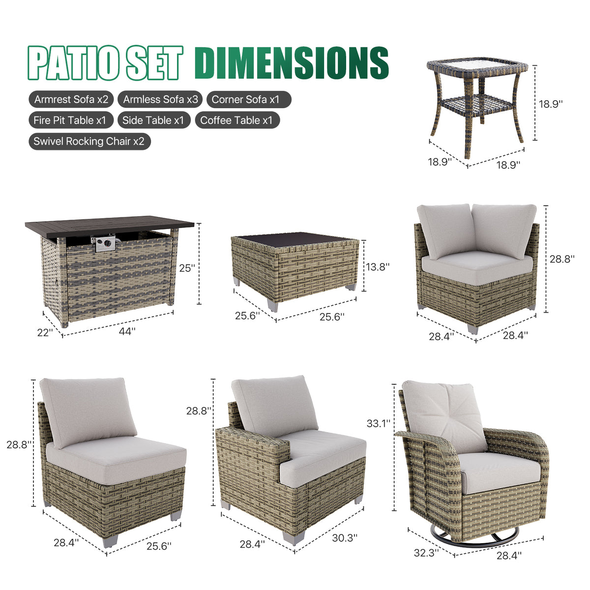 Clouddwell 13 Piece Outdoor Sectional Set with Swivel Rocker Chairs of 2, Patio Conversation Sets with Fire Pit Table, Light Gray
