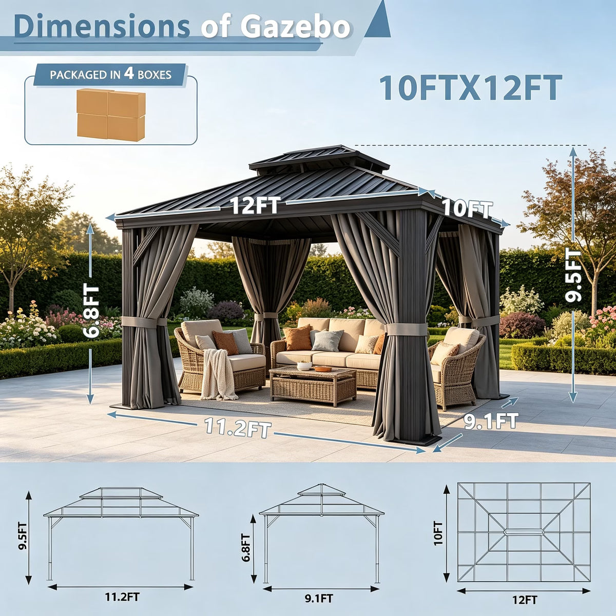 Clouddwell 10' x 12' Aluminum Gazebo with Double Roof, Hardtop Outdoor Gazebo with Galvanized Steel for Garden, Deck, Pool