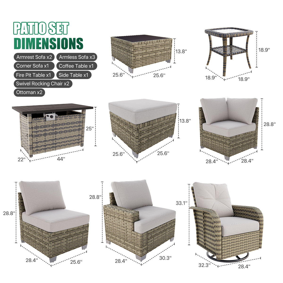 Clouddwell 13 Piece Outdoor Sectional Set with Swivel Rocker Chairs of 2, Patio Conversation Sets with Fire Pit Table and Ottomans, Light Gray