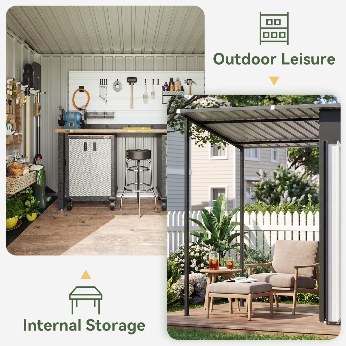 Dateyes Outdoor Storage Shed with Pergola, 10x3 FT Sheds & Hardtop Gazebo Combo with 30 Sq. Ft Covered, 2-in-1 DIY Tool Shed with Attached Hardtop Metal Pergola, Black