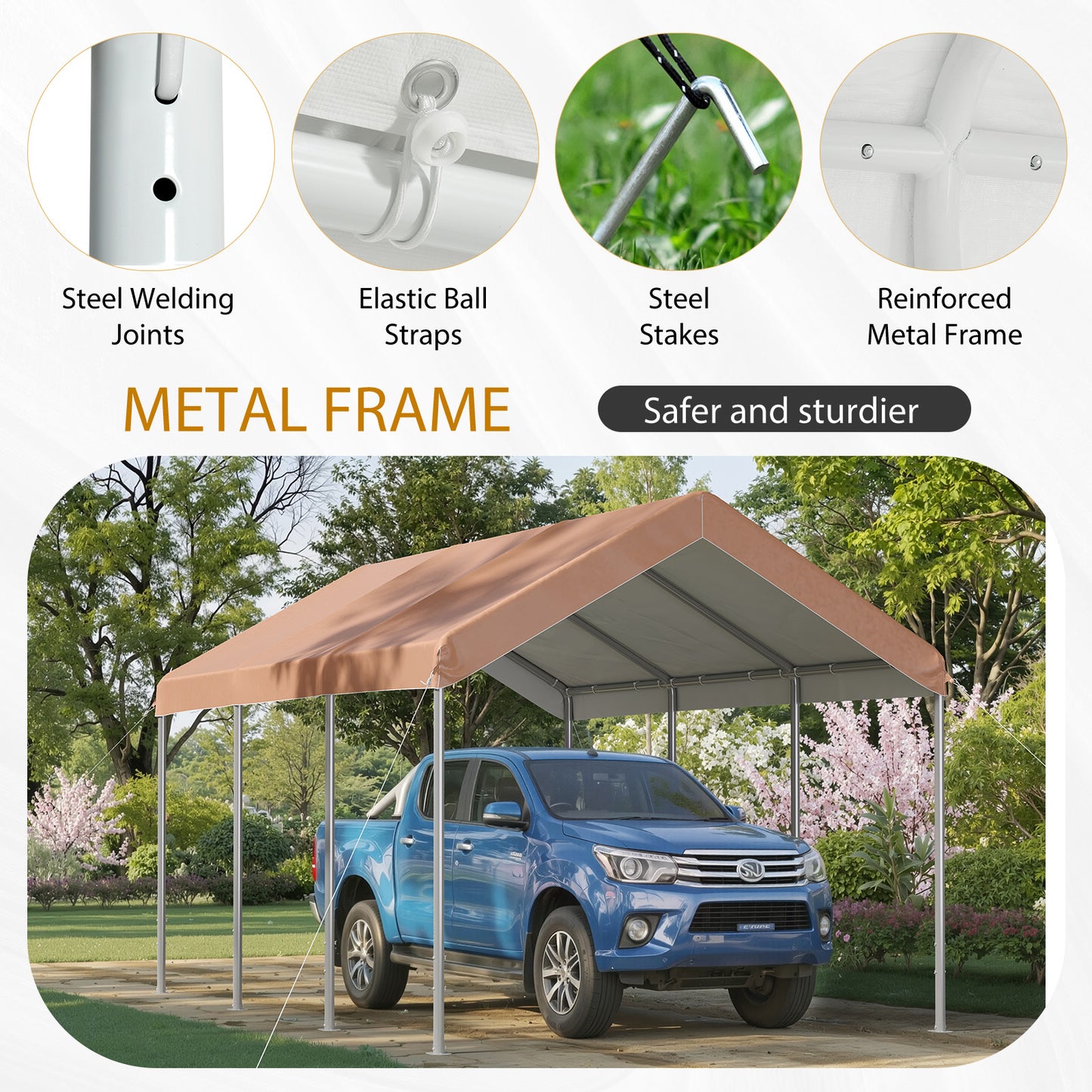 Aoxun 10x15 ft Heavy Duty Carport Canopy, Potable Car Canopy with Adjustable Height, Outdoor Carport Shelter Portable Garage with Reinforced Frame for Cars, Boats, Trucks, Khaki