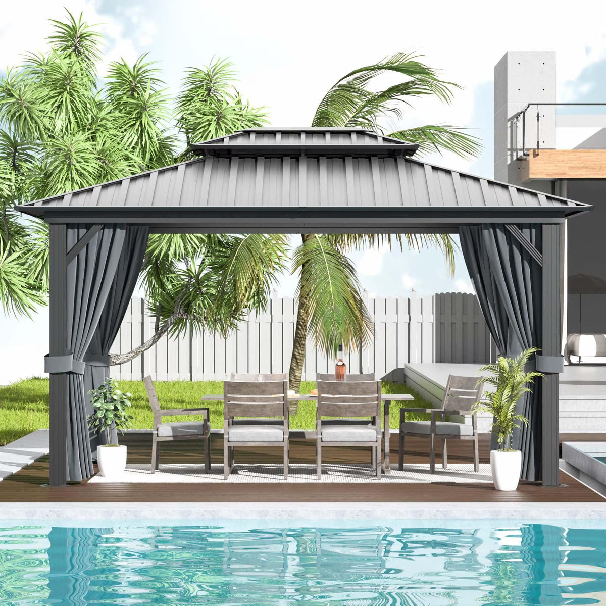 Sunmthink 10x12 ft. Hardtop Gazebo with Mosquite Netting, Double Metal Roof for Lawn and Garden, Brown
