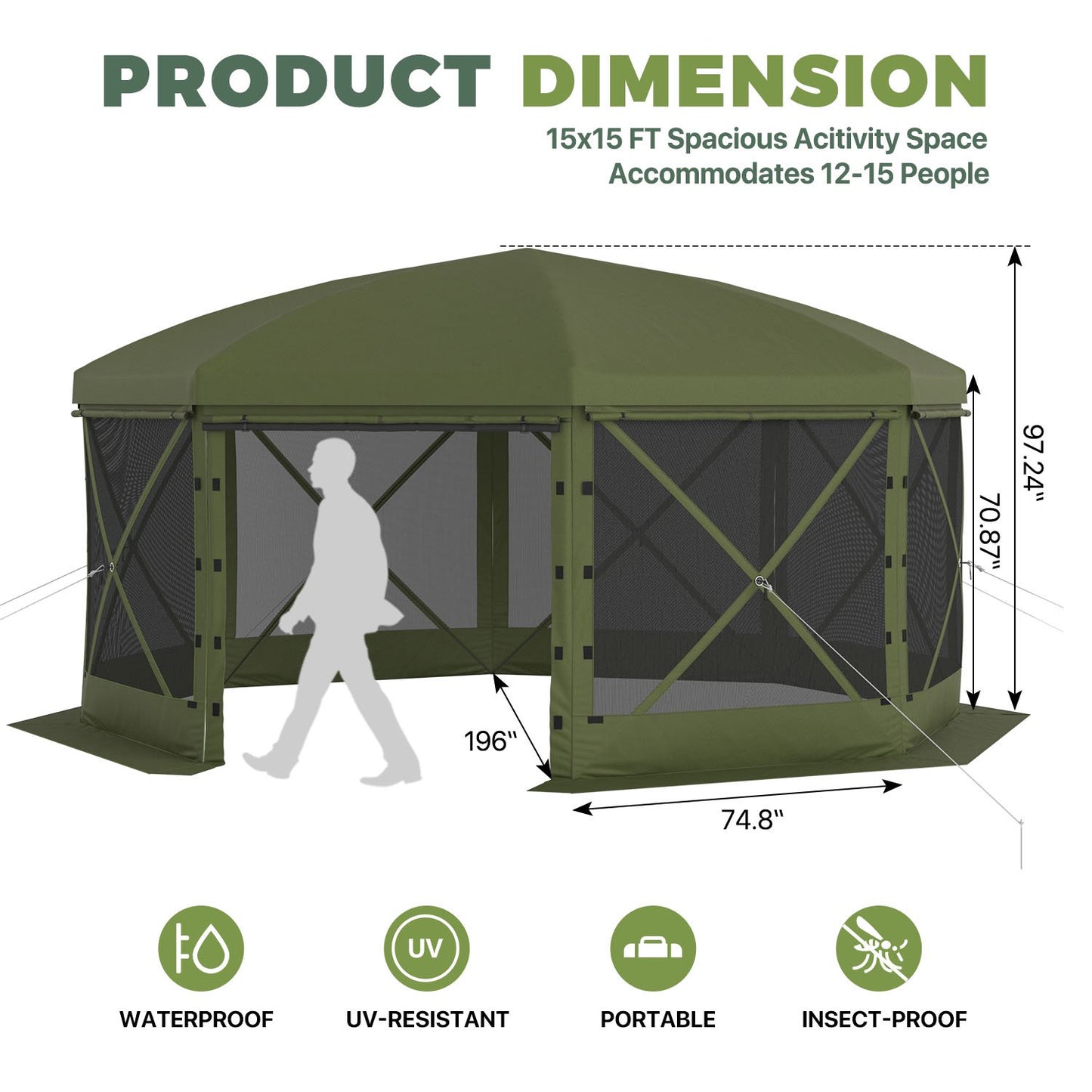 Clouddwell 15'x15' Outdoor Pop Up Gazebo, Screen Tent with Removable Top & Mosquito Netting, Camping Canopy Tent, Waterproof, UV Resistant, Portable Carry Bag, Green