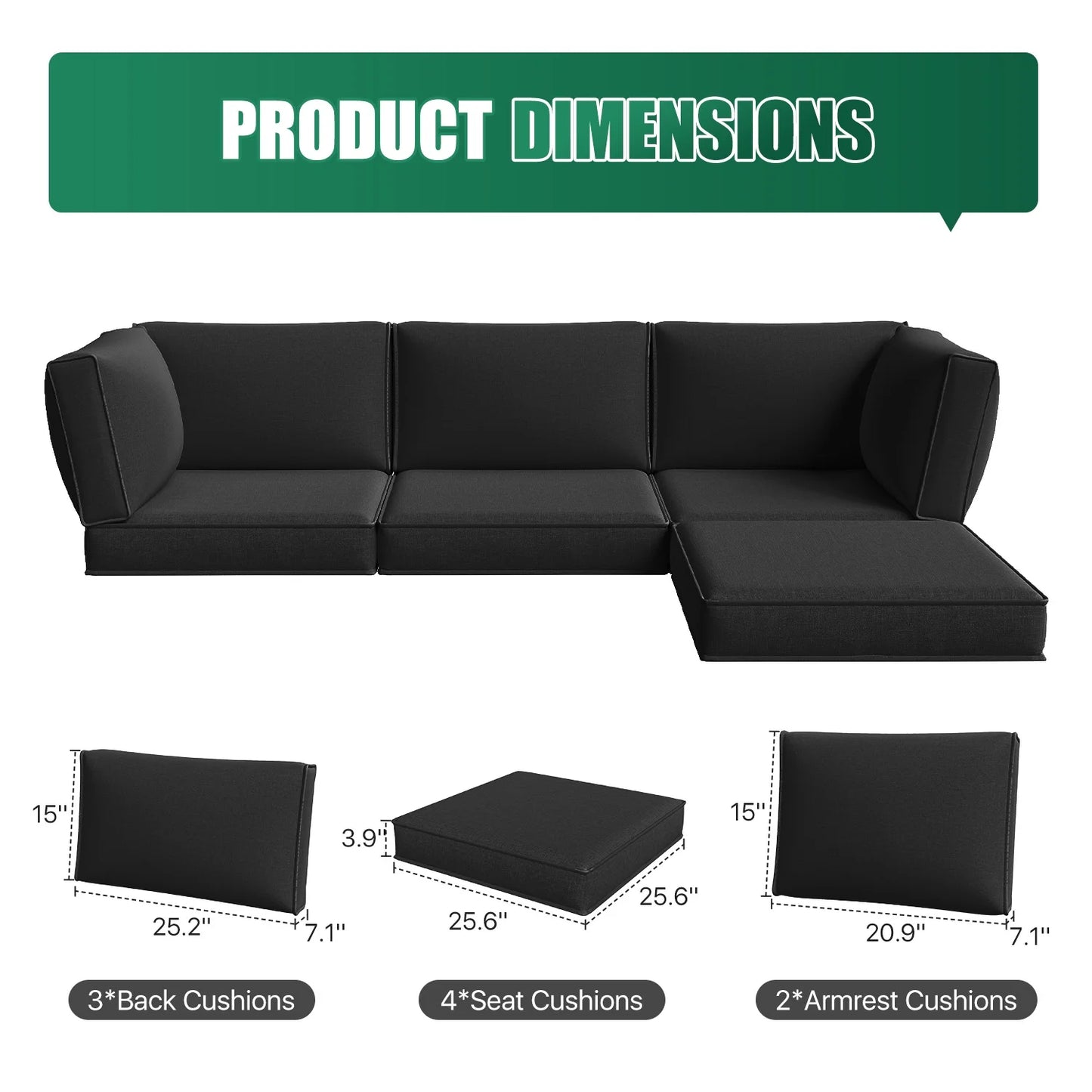 Clouddwell 9-Piece Premium Outdoor Cushion Set, High-Resilience Waterproof Cushions for 4-Seat Wicker Sectional, Comfort Upgrade (Black)
