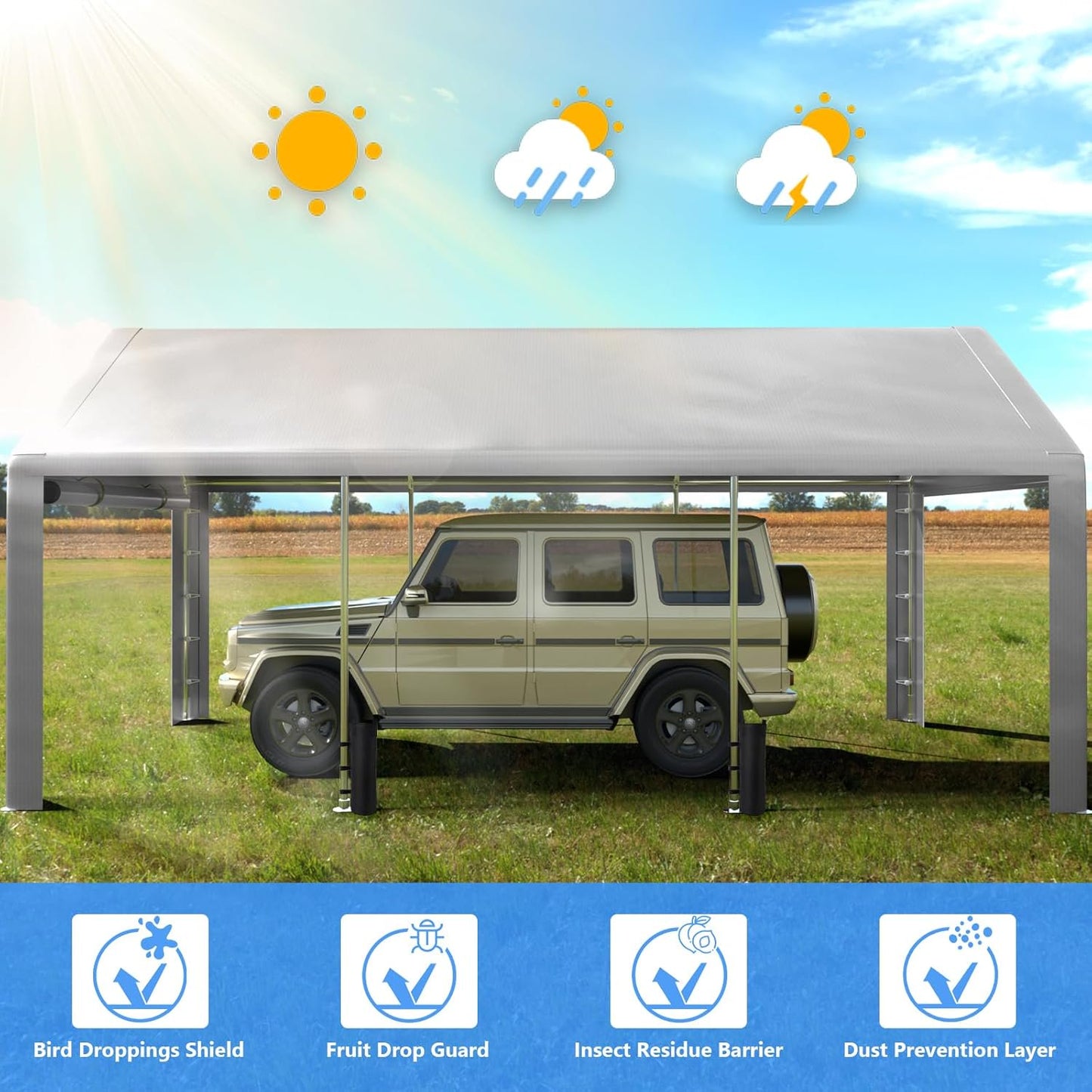 Clouddwell Carport 10x20 ft Heavy Duty with Roll-up Windows, Portable Garage with Removable Sidewalls & Doors