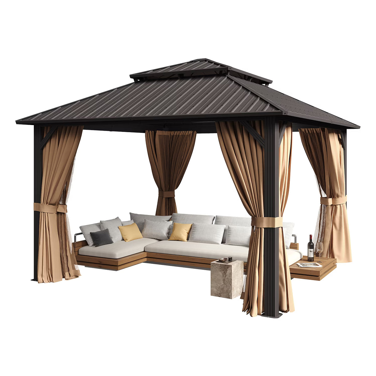 Clouddwell 12' x 12' Gazebo for Patio, Gazebo Pergola with Sloped Roof, Large Wall-Mounted Heavy Duty Awnings, for Deck, Patio and Backyard,Brown