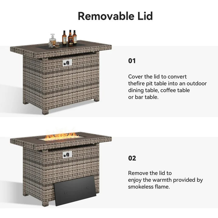 Aoxun 40'' Fire Pit Table 50,000 BTU Propane Gas Fire Pit Table W/ Cover, Glass Beads, Tank Holder, Gray Wicker
