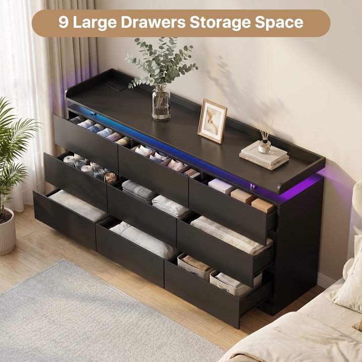 Sonegra 63 Inch 9‑Drawer Dresser, Modern High Gloss Chest of Drawers with LED Light & Glass Tabletop, Large Storage Cabinet for Bedroom Living Room, Black