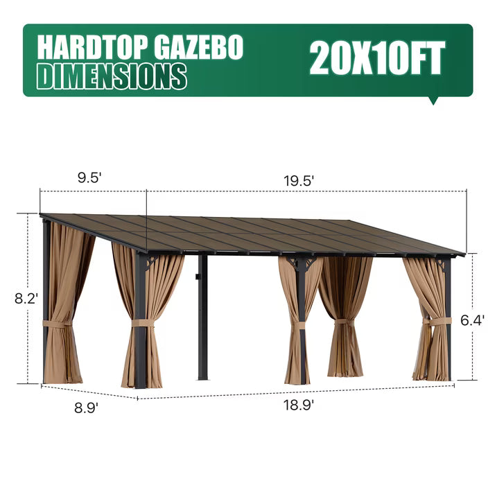 LazySunsets 10x20 FT Wall-Mounted Aluminum Gazebo Polycarbonate Roof with Full Mosquito Netting & Privacy Curtains