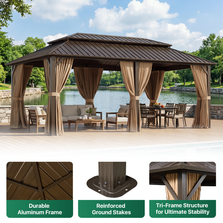 Dateyes 12x20 FT Outdoor Hardtop Gazebo, Aluminum Frame Gazebo with Removable Mesh Walls and Curtains for Patio, Lawns, Brown