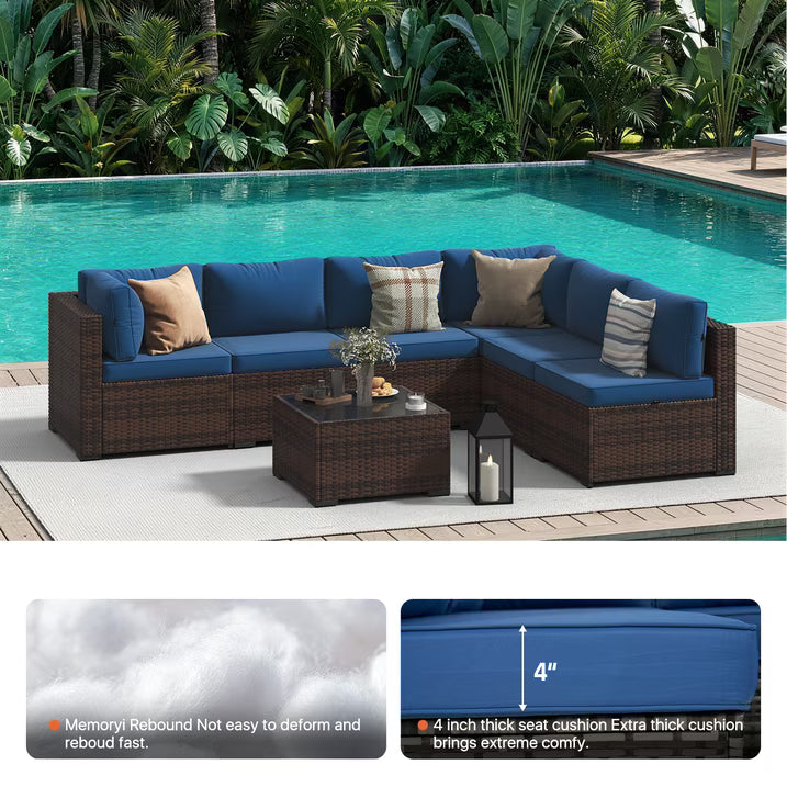 Dateyes 7-Piece Outdoor Patio Sectional Sofa Set, All-Weather Wicker Rattan Furniture with Coffee Table (Blue)