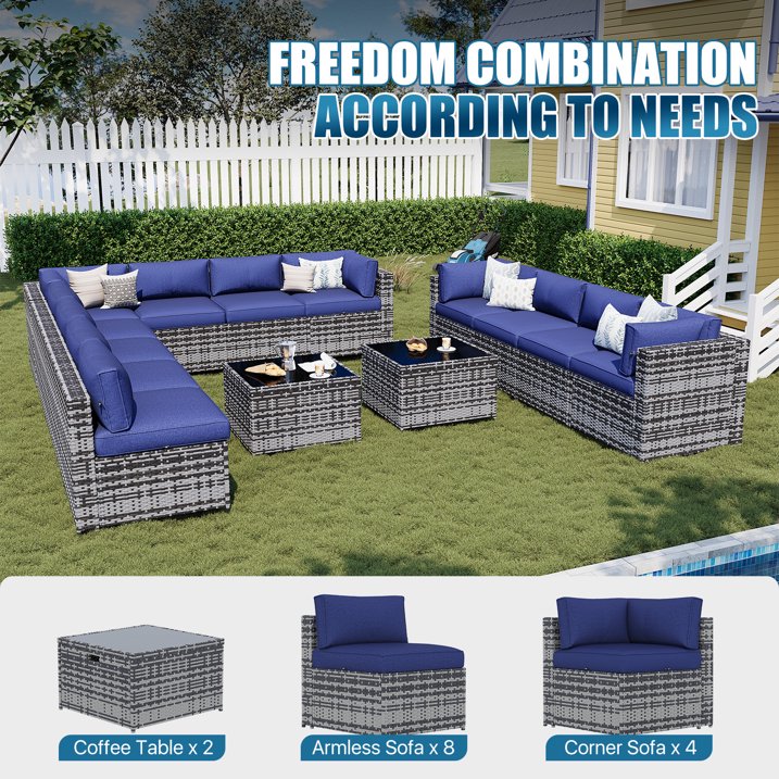 Sunmthink Patio Furniture Sets, 14-Piece Outdoor Patio Furniture with Thick Cushions, Wicker Outdoor Conversation Set and Waterproof Cover for Backyard, Poolside, Garden