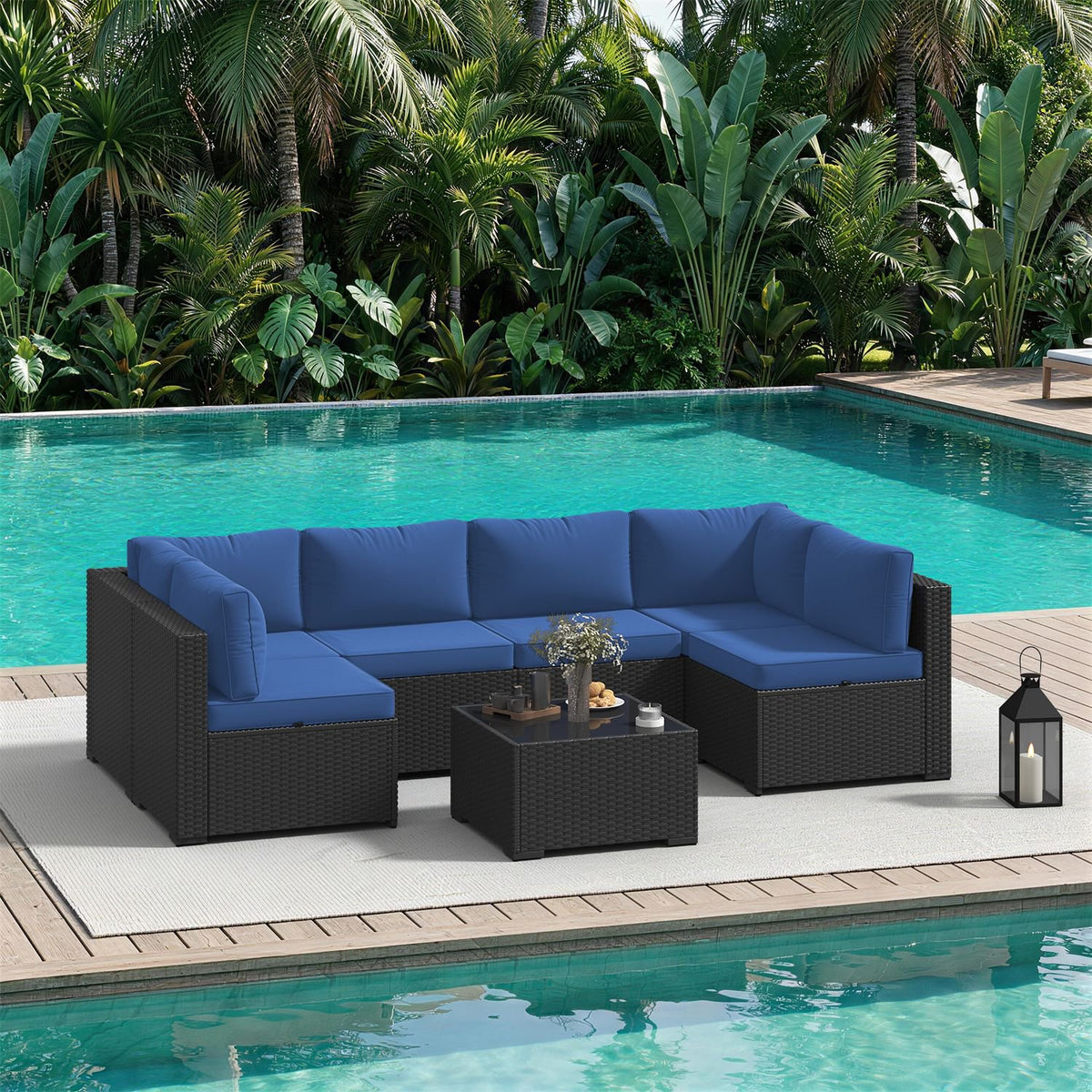 Dateyes 7-Piece Patio Furniture Set, All-Weather Wicker Rattan Outdoor Sectional Sofa Set with Coffee Table (Navy Blue)