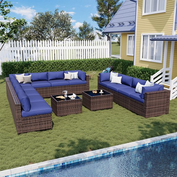 Sunmthink Patio Furniture Sets, 14-Piece Outdoor Patio Furniture with Thick Cushions, Wicker Outdoor Conversation Set and Waterproof Cover for Backyard, Poolside, Garden