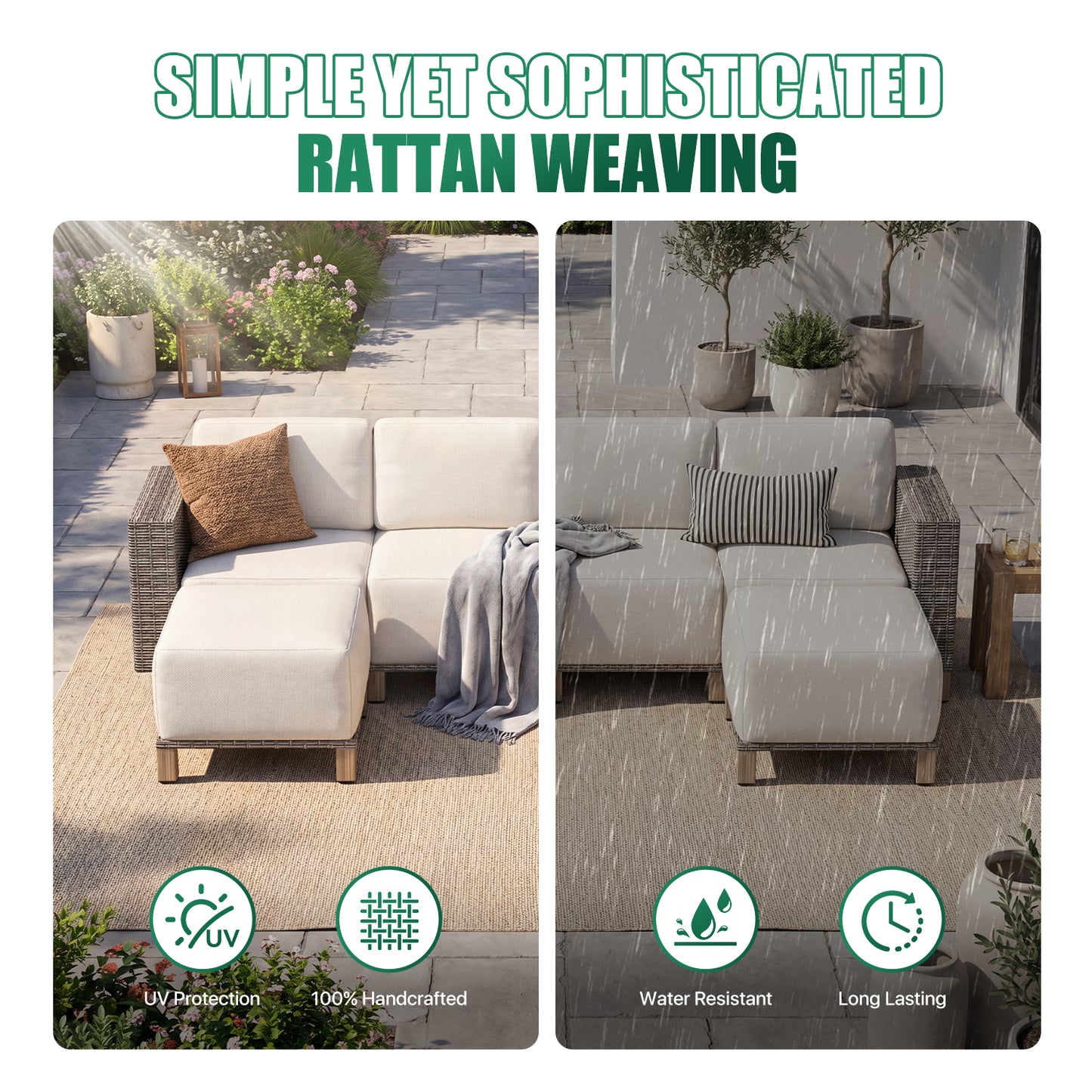 Clouddwell 6-Piece Wicker Patio Furniture Set, Indoor Sectional Conversation Sofa with 2 Ottomans, Beige