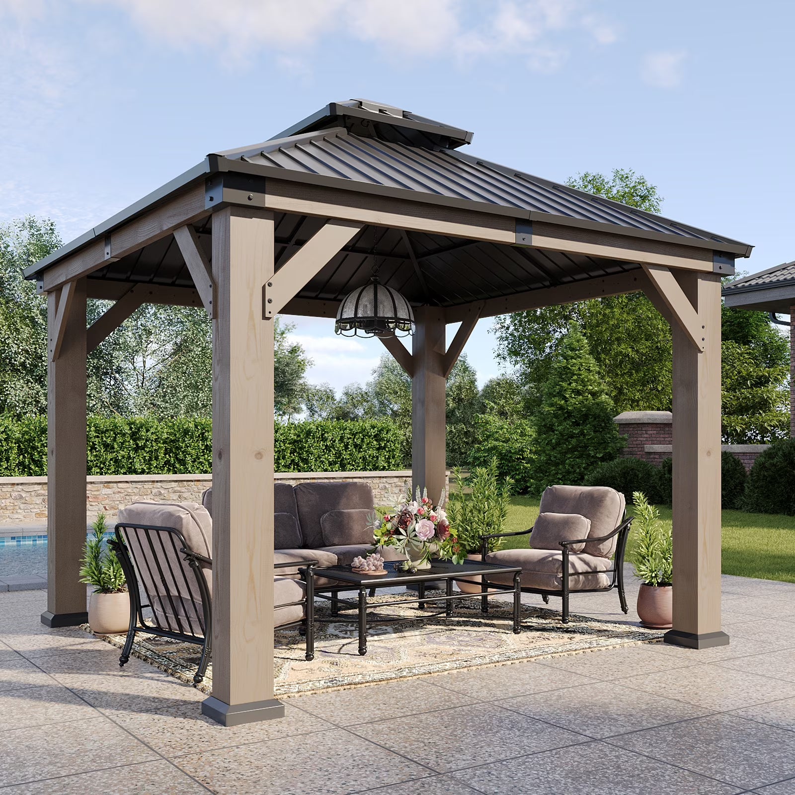 Aoxun 10' x 10' Outdoor Wood Gazebo, Hardtop Gazebo Permanent Wooden P