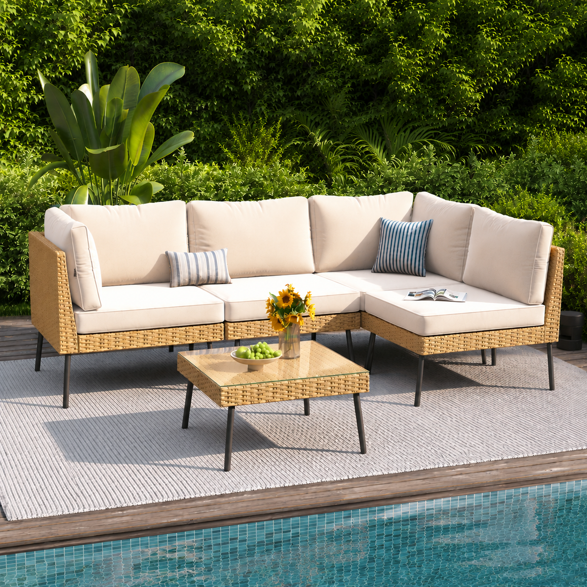 Clouddwell 5-Piece Patio Furniture Set, Wicker Outdoor Furniture with Water Resistant Thick Cushions, Patio Conversation Set Outdoor Sectional Sofa with Coffee Table for Backyard Poolside, Beige