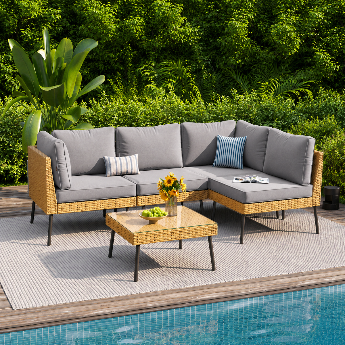 Clouddwell 5-Piece Patio Furniture Set, Wicker Outdoor Furniture with Water Resistant Thick Cushions, Patio Conversation Set Outdoor Sectional Sofa with Coffee Table for Backyard Poolside, Light Gray