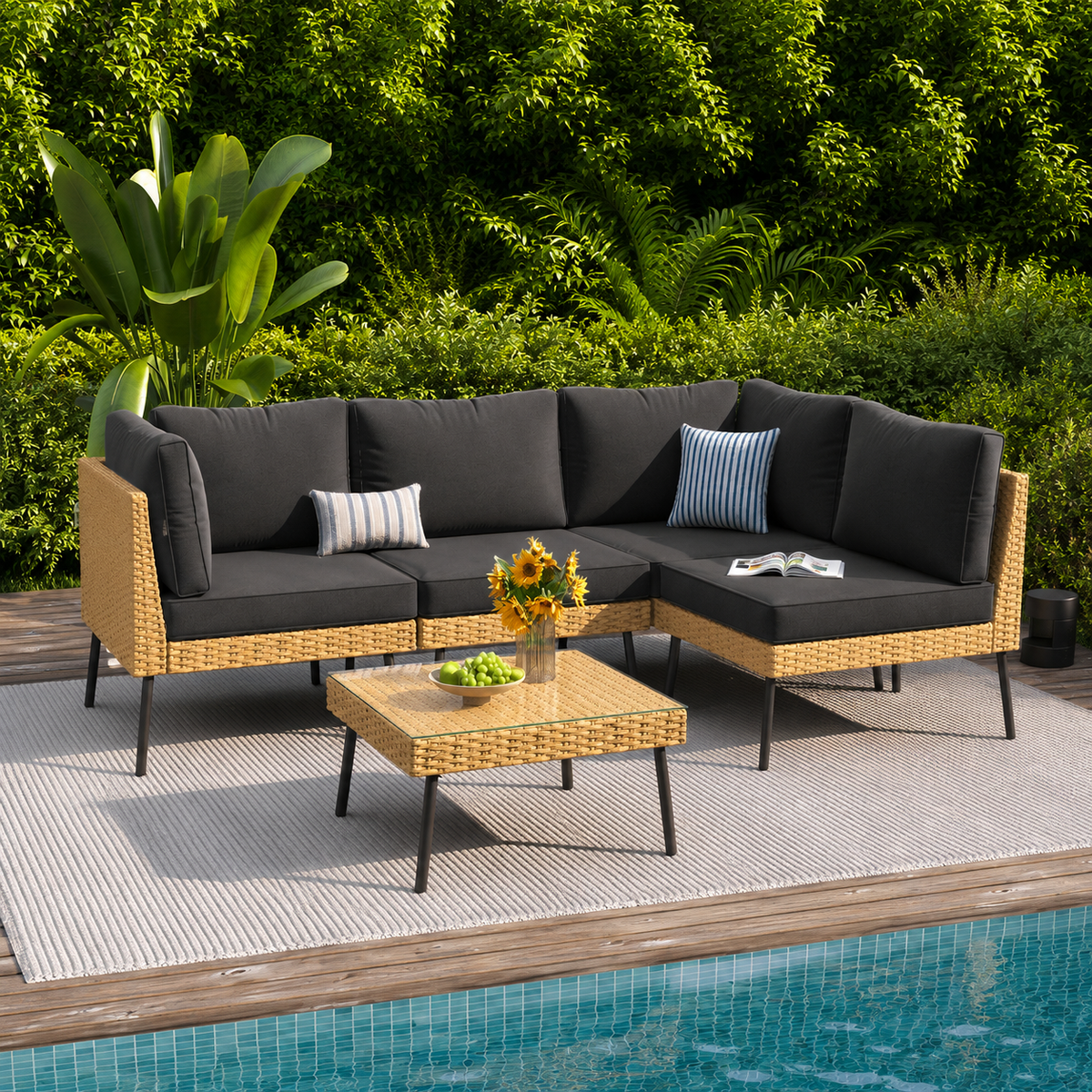 Clouddwell 5-Piece Patio Furniture Set, Wicker Outdoor Furniture with Water Resistant Thick Cushions, Patio Conversation Set Outdoor Sectional Sofa with Coffee Table for Backyard Poolside, Black