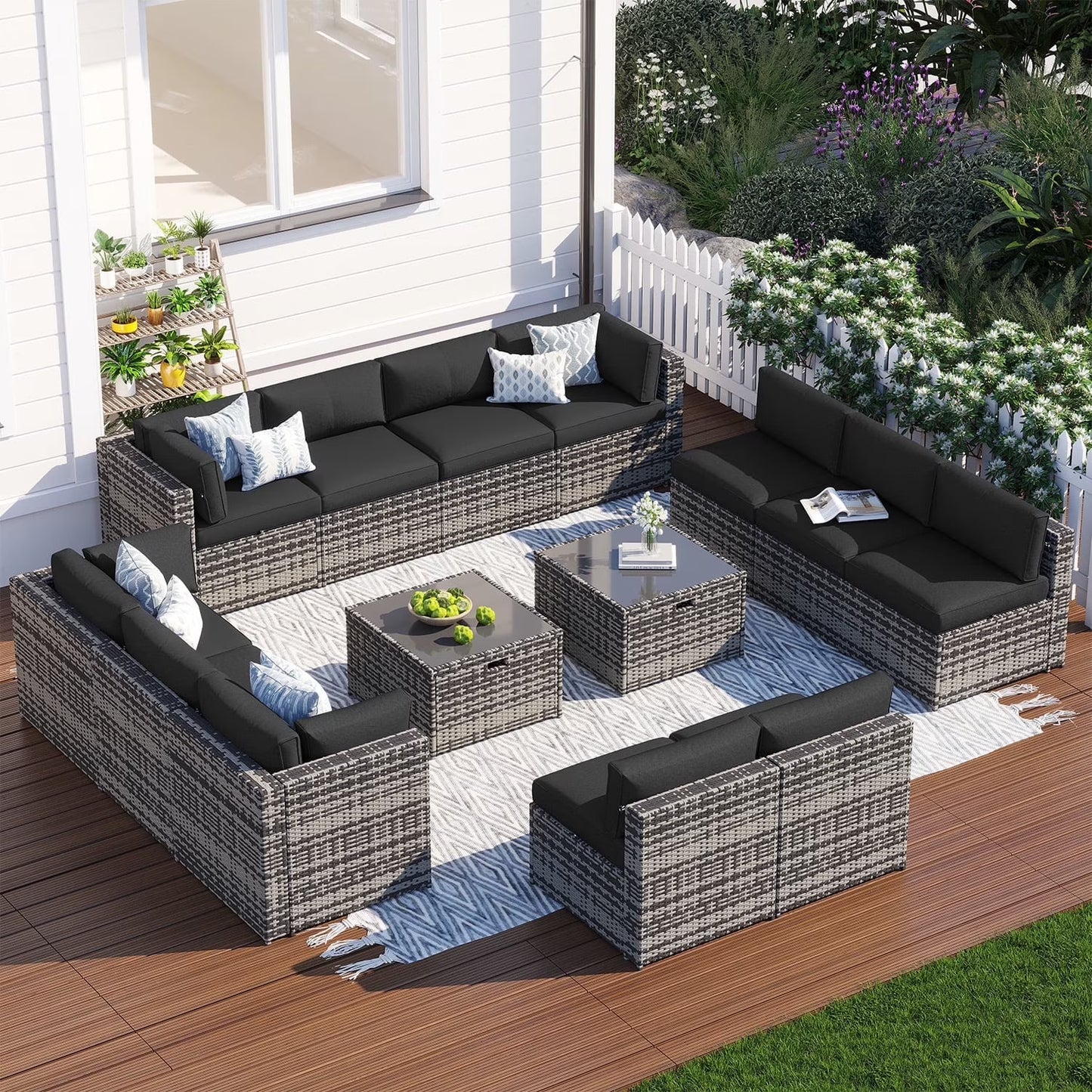Clouddwell 14 Piece Patio Furniture Set Wicker Rattan Patio Conversation Set Outdoor Sectional Sofa Set with Coffee Table and Gray Cushions(Waterproof Cover Included)