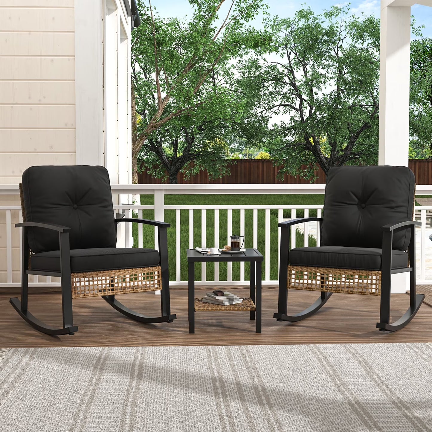 Clouddwell 3-Piece Patio Furniture Set,Steel Rocking Chair with Comfortable Cushions and Coffee Table.for Garden,Yard off-White