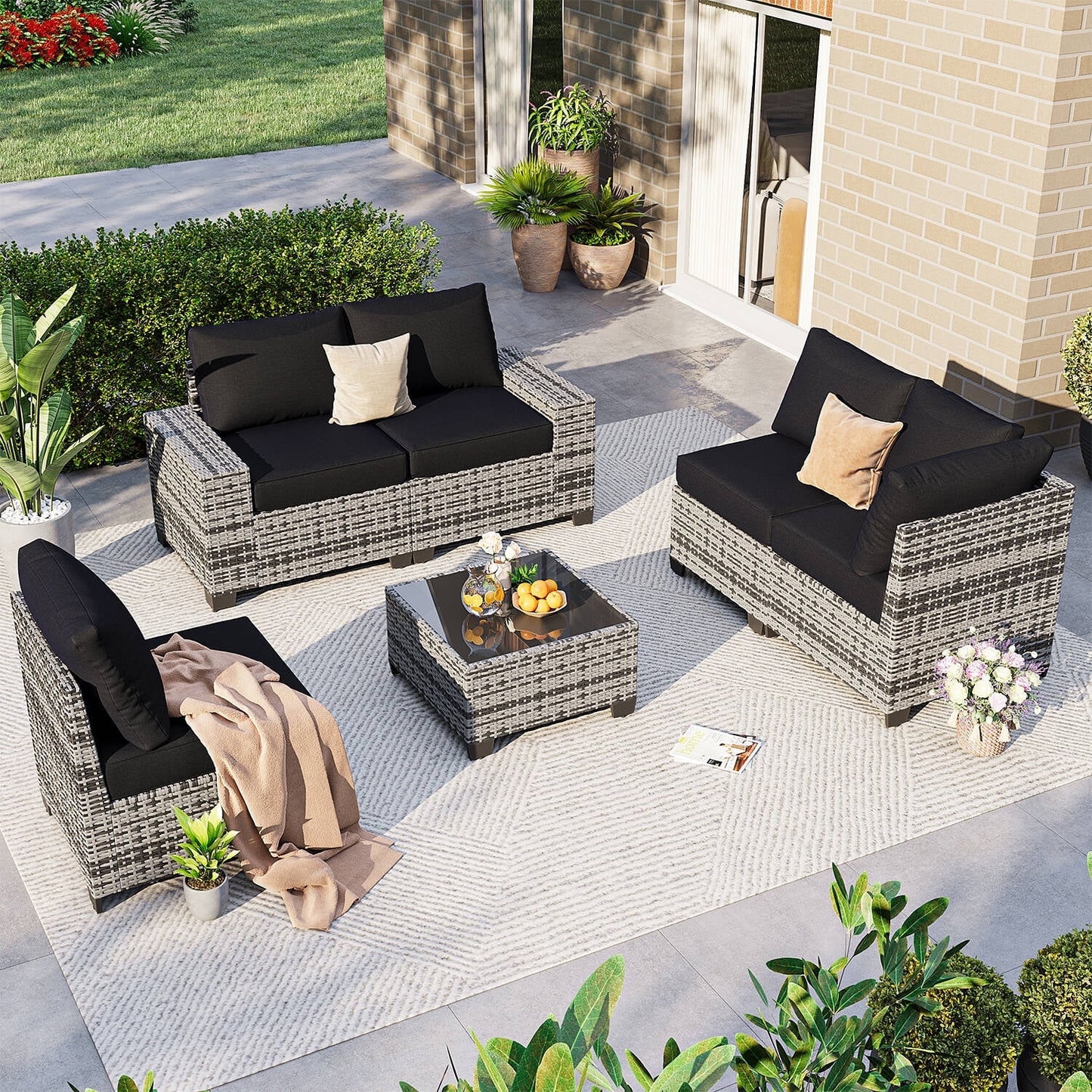 Clouddwell 6-Piece Outdoor Patio Set,4-Inch Thickened Cushions, All-Weather Wicker Sectional with Coffee Table & Custom Protective Cover Black