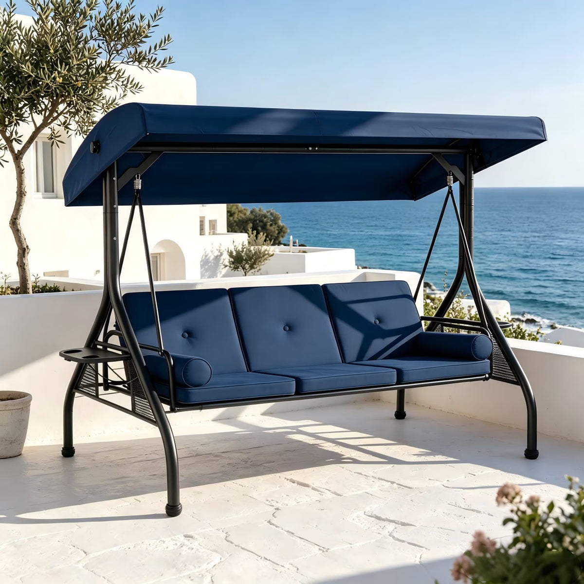 LazySunset 3 Seat Outdoor Patio Swing with Adjustable Canopy, Porch Glider Swing with Thickened Cushions Pillows and Cup Holders for Adults, Blue
