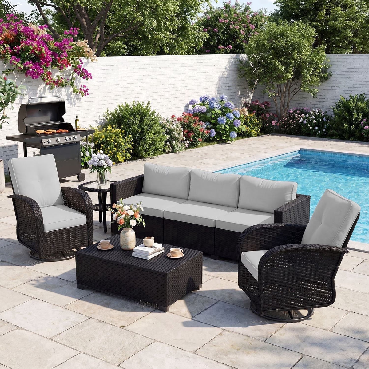 LazySunsets 5 Piece Outdoor Furniture Set with Swivel Chairs Set of 2, Rattan Wicker Outdoor Conversation Set Patio Furniture, Light Gray/Black