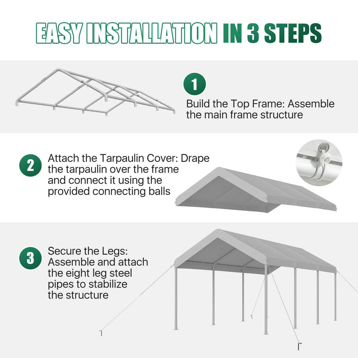 Clouddwell Carport 10x20 FT Heavy-Duty Portable Carport, Outdoor Car Canopy Shelter with Waterproof Tarp & Wind Resistant Design, Galvanized Steel Frame for Vehicle, RV, Boat, Truck Cover (White)