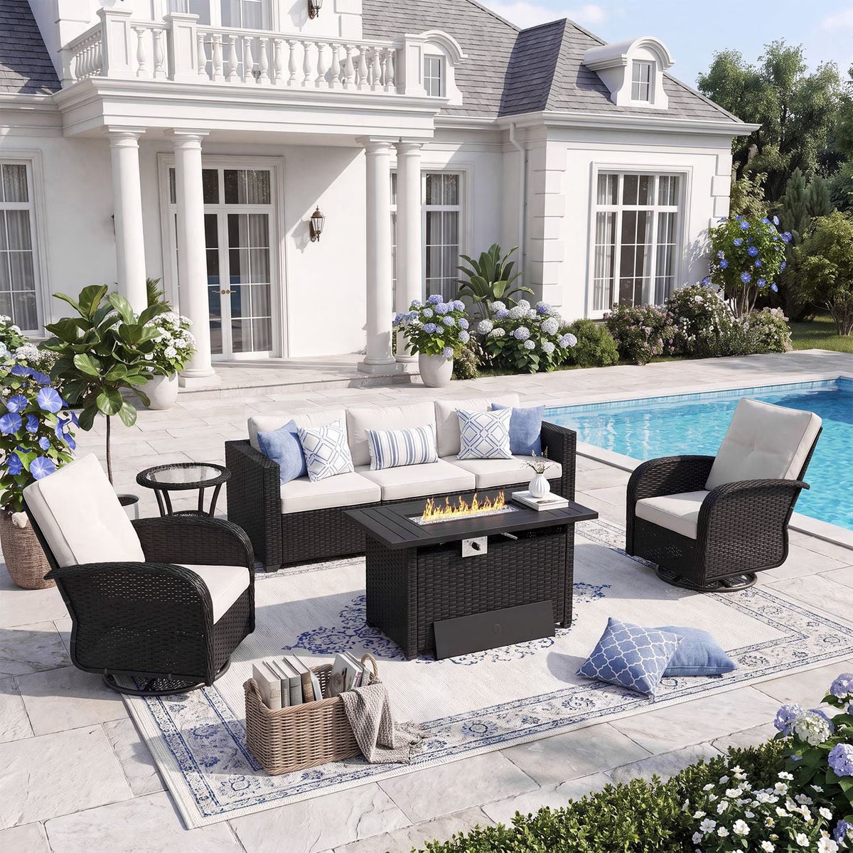 LazySunsets 5 Piece Outdoor Furniture Set with Swivel Chairs Set of 2, Rattan Wicker Outdoor Conversation Set Patio Furniture with Fire Pit Table, Beige/Black