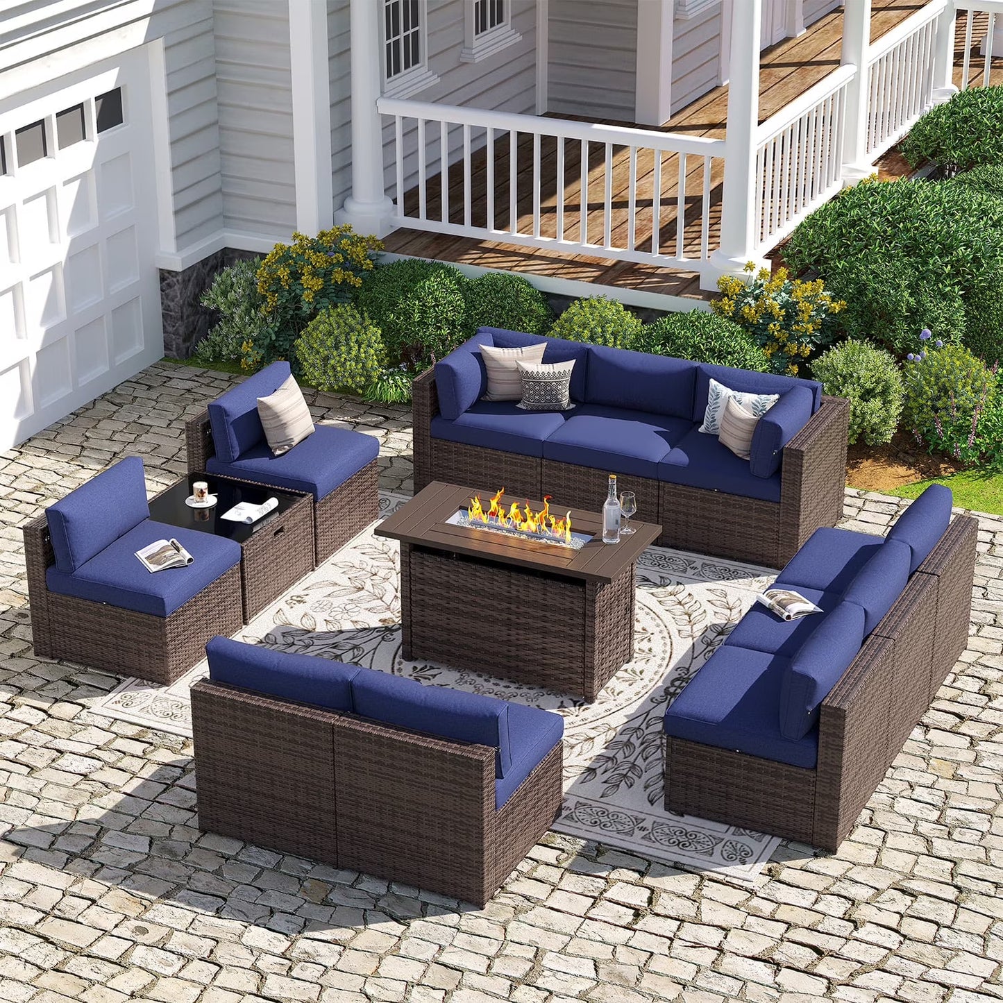 Sunmthink Patio Furniture Sets, 12-Piece Outdoor Patio Furniture with 44'' Propane Gas Firepit Table, Wicker Outdoor Conversation Set and Waterproof Cover for Backyard, Poolside, Garden