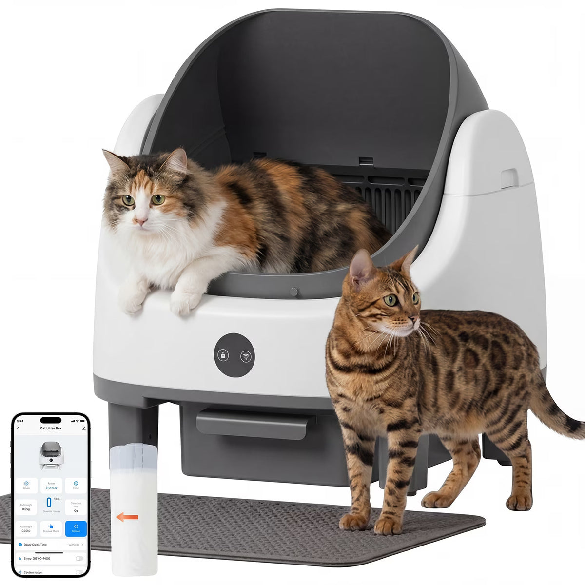 Dateyes Open Top Self-Cleaning Cat Litter Box, Smart App Control with Safety Sensors, Includes Litter Mat & Odor Fragrance Box, Gray