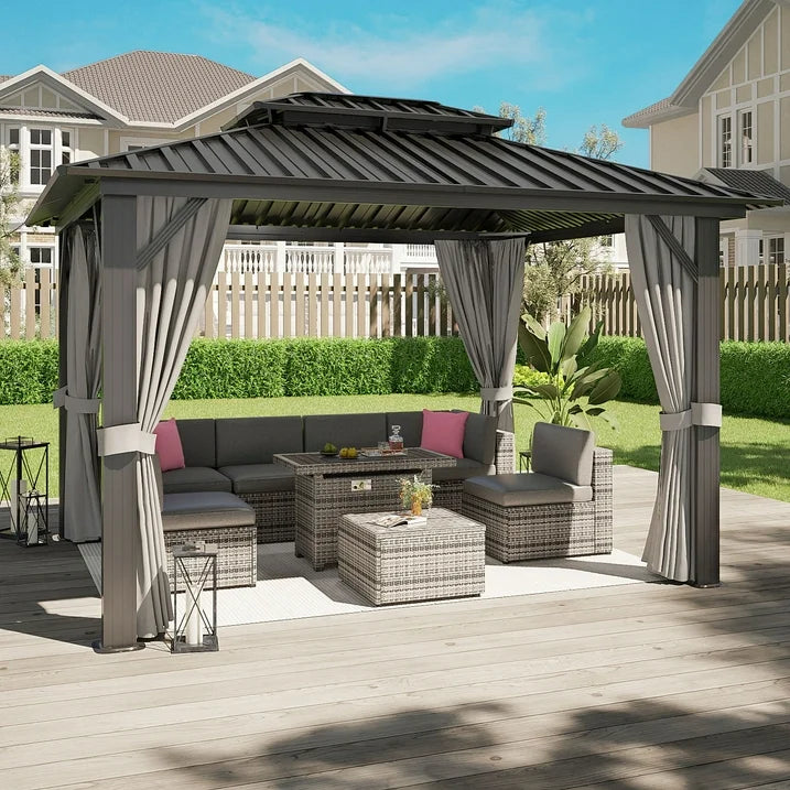 Aoxun 10'x12' Hardtop Gazebo, Outdoor Steel Double Roof Canopy, Aluminum Frame Permanent Pavilion with Curtains and Netting, Sunshade for Garden, Patio, Lawns, Black