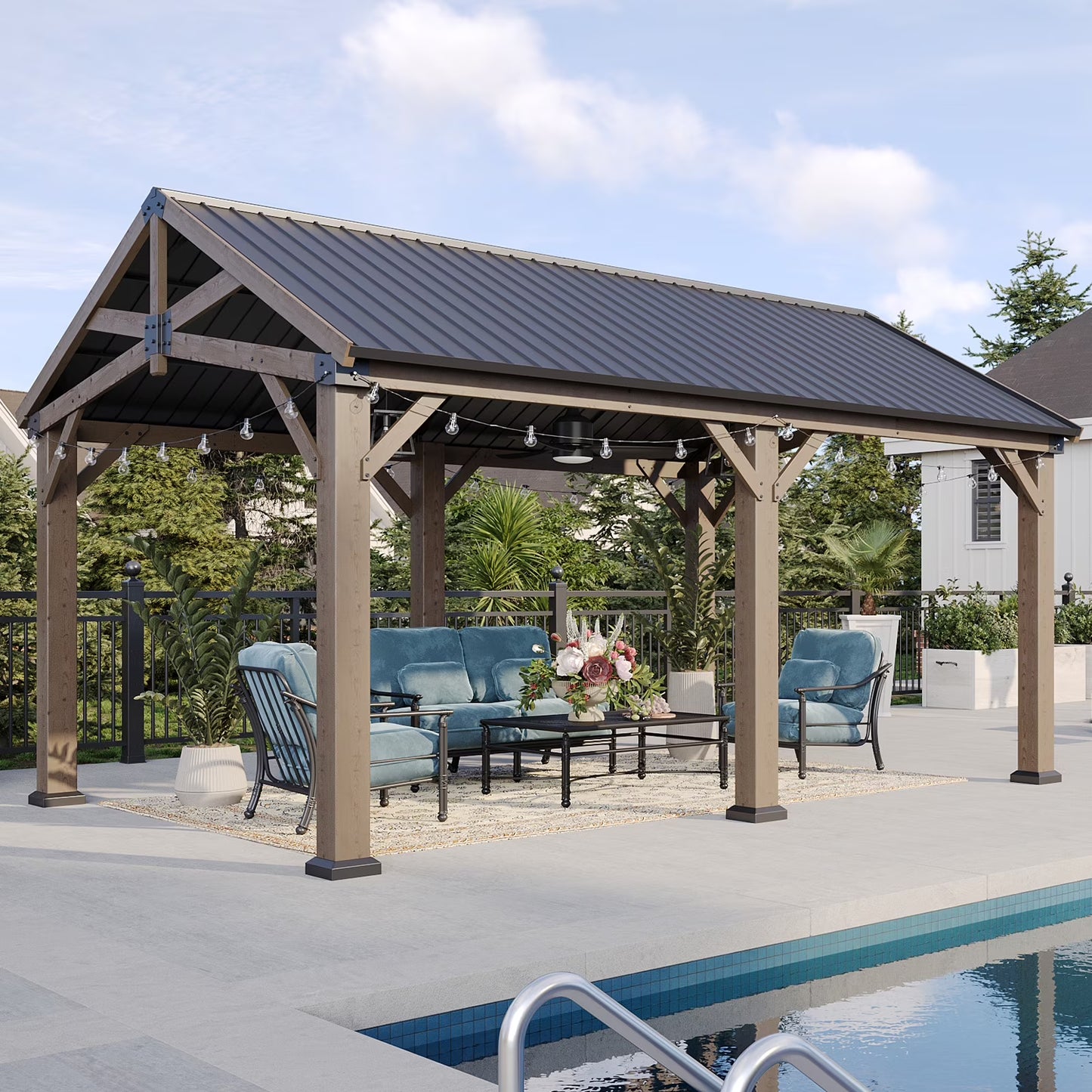 Sunmthink 12' x 16' Outdoor Wood Frame Gazebo, Hardtop Gazebo with Galvanized Steel, Permanent Wooden Pavilion for Patio Backyard Lawn Garden