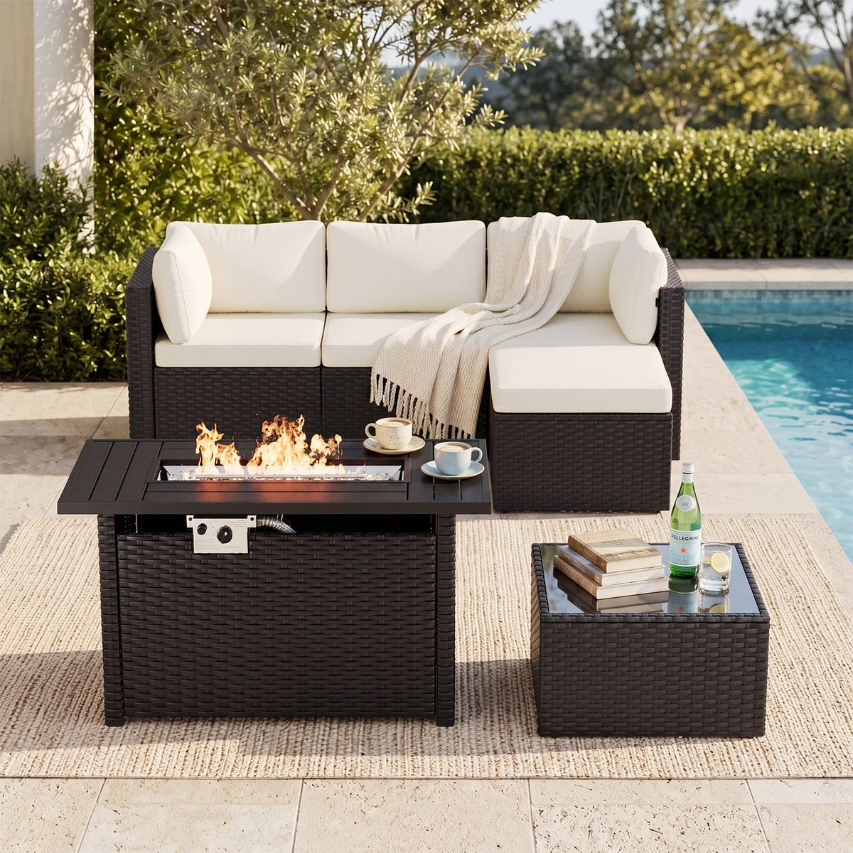 Dateyes 6 Pieces Patio Furniture Set with Fire Pit, All-Weather Wicker Rattan Patio Sectional Sofa Set with Coffee Table and Waterproof Cover(Off-White)