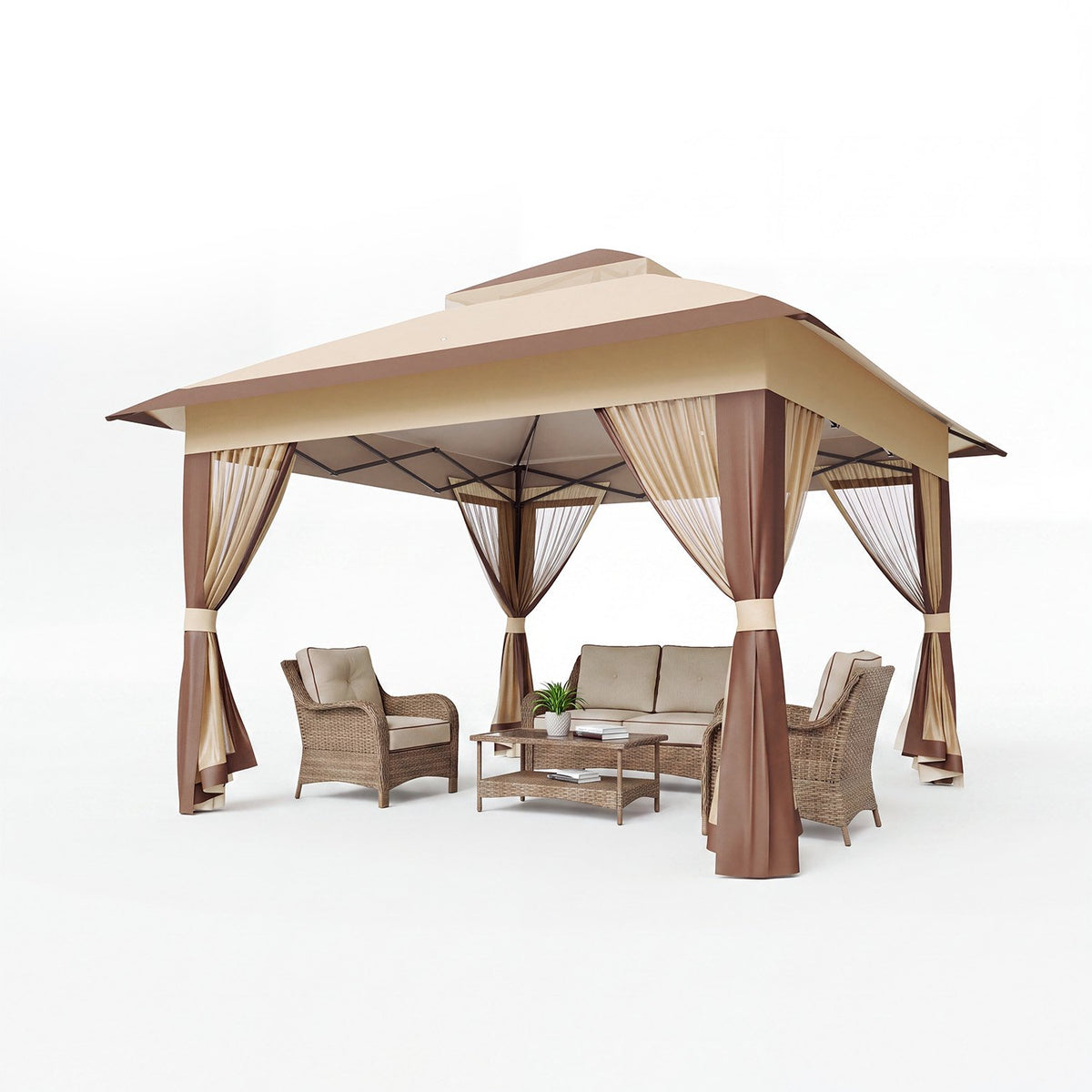 Dateyes 12x12 FT Pop Up Gazebo, Outdoor Gazebo Canopy with Mosquito Netting, 3 Adjustable Heights, Portable Patio Gazebo Tent for Backyard, Patio, Brown