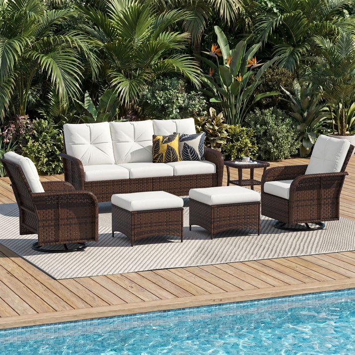Sunmthink 6-Piece Patio Furniture Set, High Back Swivel Rocker Chairs with Thick Cushions, Wicker Rattan Outdoor Sectional Sofa with Ottoman, Beige
