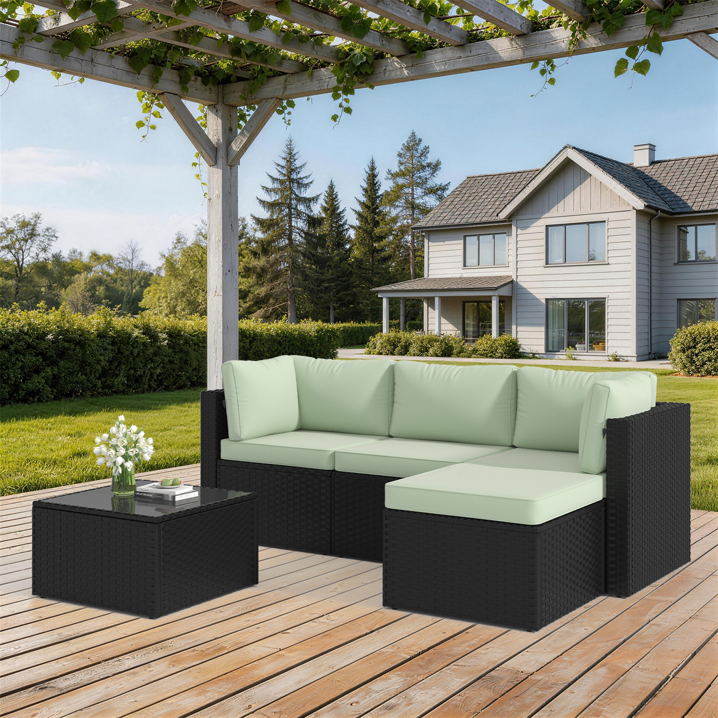 Clouddwell 3 Pieces Patio Furniture Set, All-Weather Wicker Rattan Patio Sectional Sofa Set with Coffee Table and Waterproof Cover(Light Green)