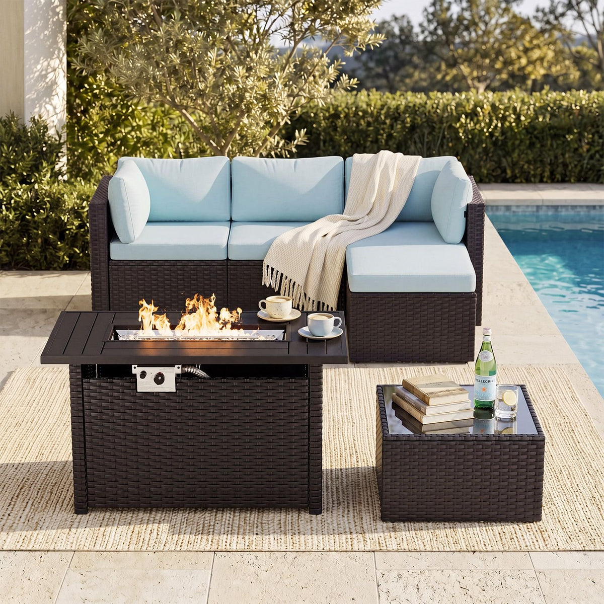 Dateyes 6 Pieces Patio Furniture Set with Fire Pit, All-Weather Wicker Rattan Patio Sectional Sofa Set with Fire Pit Table and Waterproof Cover(Light Blue)