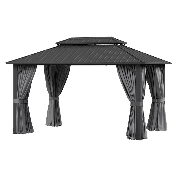 Sunmthink 10' x 14' Hardtop Gazebo with Mosquite Netting, Double Metal Roof for Lawn and Garden, Gray