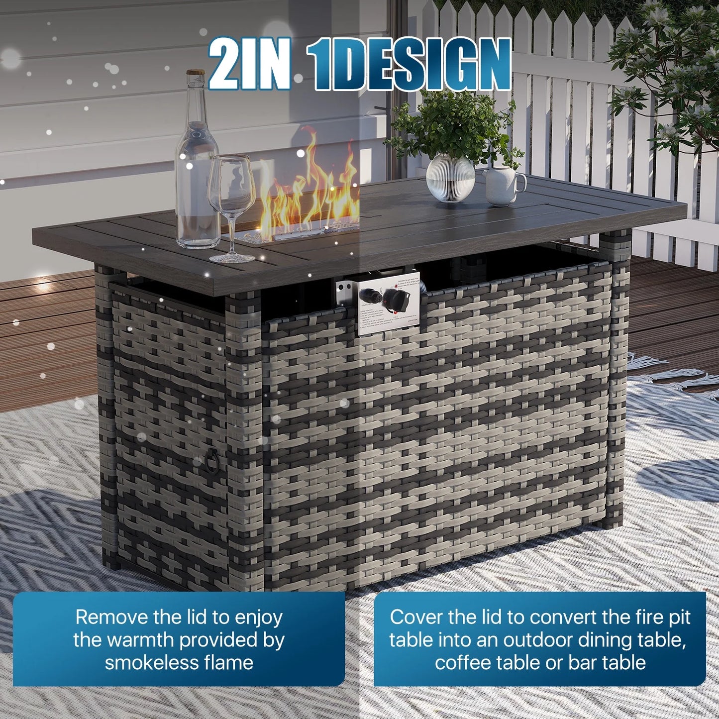 Sunmthink Patio Furniture Sets, 11-Piece Outdoor Patio Furniture with 44'' Propane Gas Firepit Table, Wicker Outdoor Conversation Set and Waterproof Cover for Backyard, Poolside, Garden