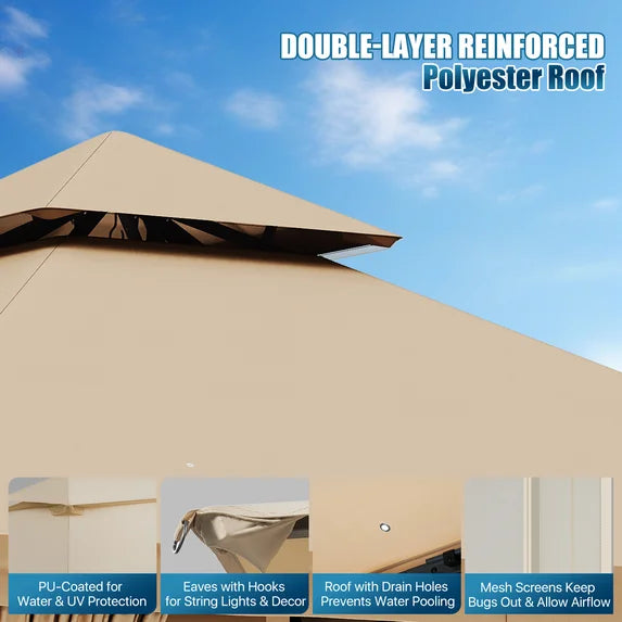 Sunmthink Outdoor Gazebo for Patio 10'x10', Metal Frame Canopy with Double Roofs, Heavy Duty Party Tent and Shelter with Mosquito Netting and Privacy Screen for Backyard,Garden,Deck (Beige)
