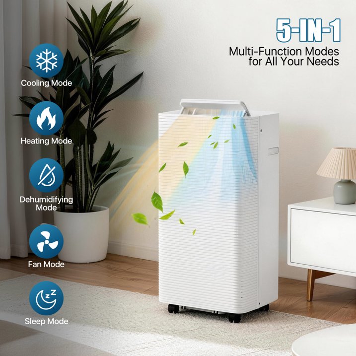 Sunmthink 12000 BTU 5-in-1 Smart Portable Air Conditioner, Standing Cooling & Heating Unit with Remote Control, Cooling, Heating, Dehumidifier & Fan Functions, 55dB Quiet Operation for Indoor Spaces