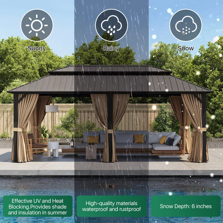 Clouddwell 20' x 12' Gazebo for Patio, Gazebo Pergola with Sloped Roof, Large Wall-Mounted Heavy Duty Awnings, for Deck, Patio and Backyard,Brown
