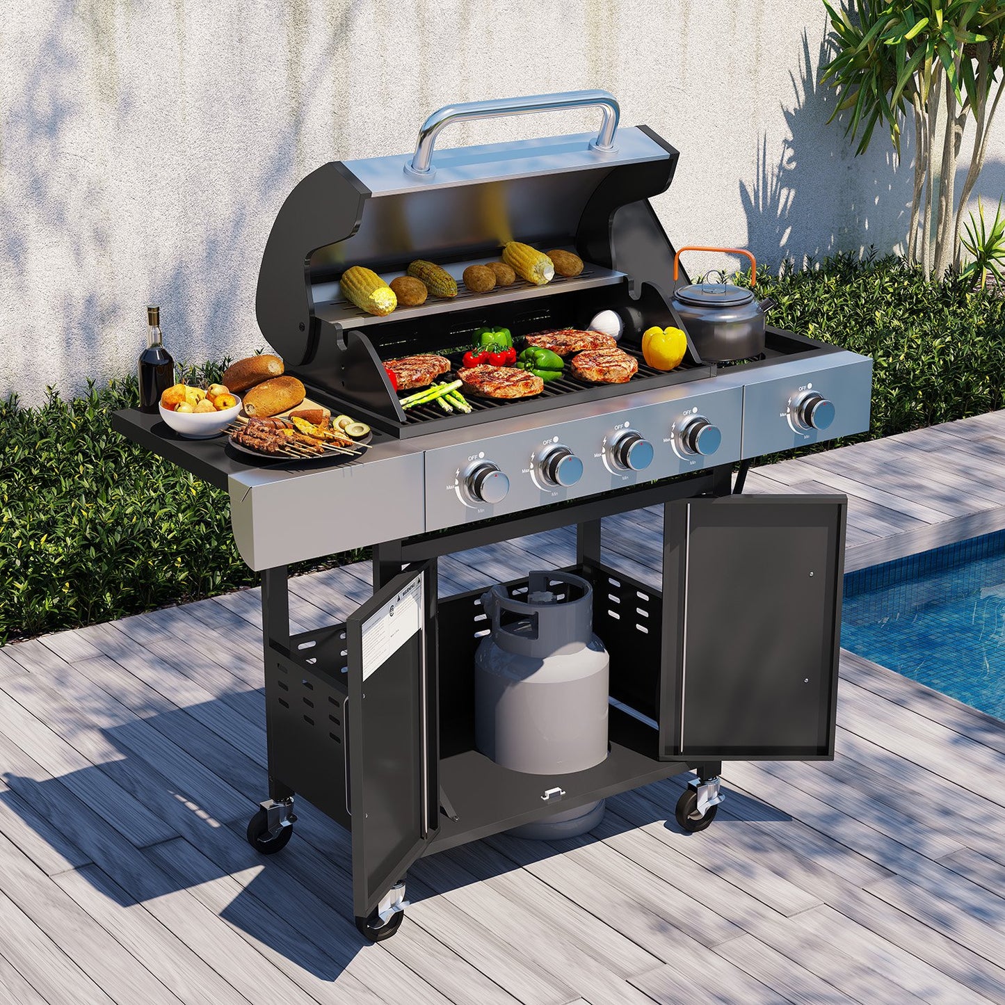 Sunmthink 4 Burner Propane Gas Grill, Stainless Steel, Built-in Thermometer, 4 Swivel Casters, and Side Table, Suitable for Camping, Outdoor Cooking, Patio, and Garden