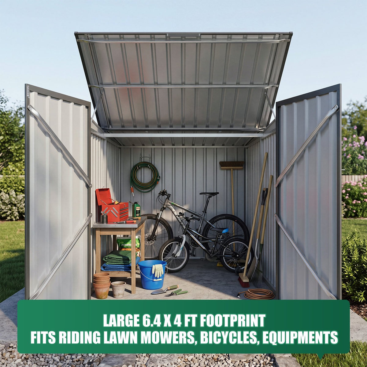 Dateyes Outdoor Storage Shed, 4.6x6.4 FT Bike Storage Shed with Flip Lid & Double Doors, Metal Outdoor Storage Cabinet for Garden, Backyard, Black