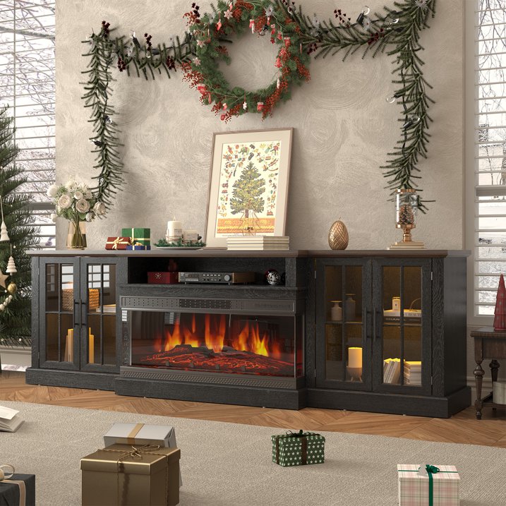 Sonegra 87" Farmhouse TV Stand with Fireplace for TVs up to 90", Media Entertainment Center with Adjustable Shelves and Large Storage Cabinets, for Living Room, Black