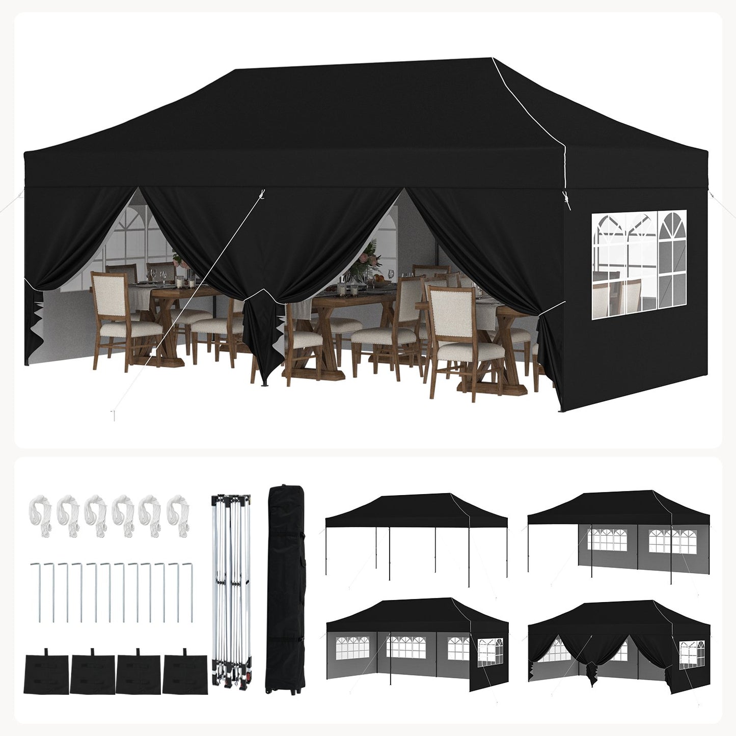 Clouddwell 10'x20' Pop Up Canopy Tent with 6 Removable Sidewalls, Adjustable Height Instant Outdoor Canopy, Portable Sun Shade Shelter with 4 Sandbags, Easy Setup for Parties, Camping, Events, Black