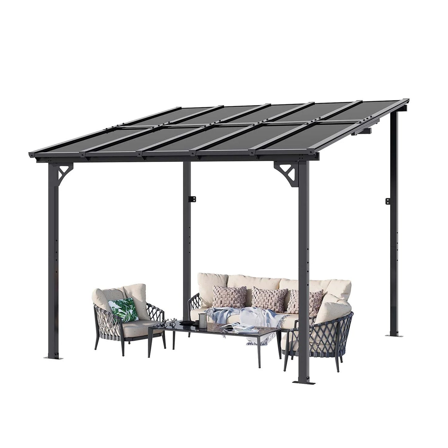 Clouddwell 10'x 10' Wall-Mounted Gazebo Pergola with Aluminum Top Frame & Polycarbonate Panel, Large Heavy-Duty Awnings for Backyard Black