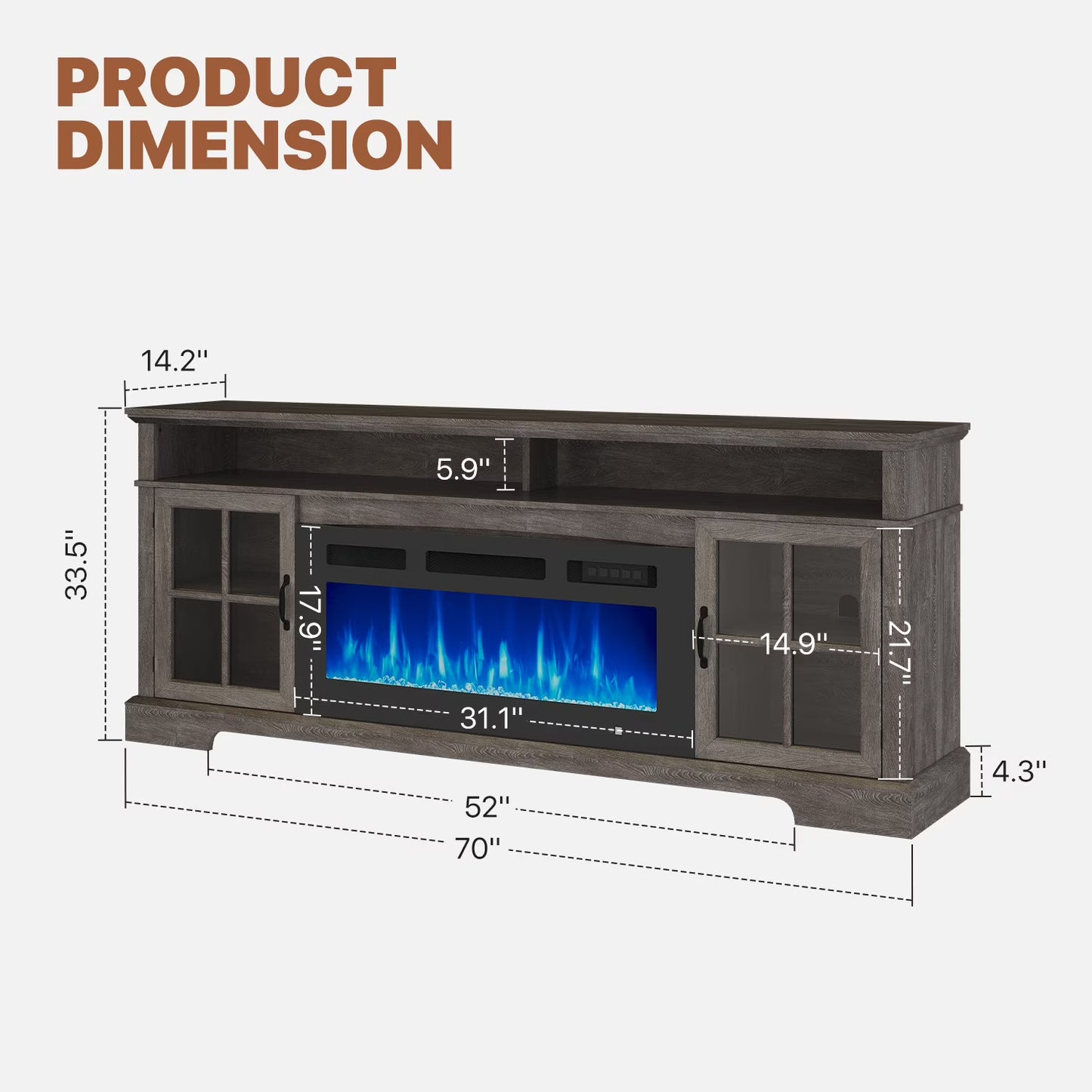 Sonegra Fireplace TV Stand, Farmhouse Entertainment Center for TVs Up to 82”, TV Console with Storage Cabinets, Media Console for Living Room, Gray